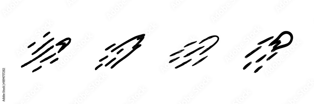 Fototapeta premium Rocket And Comet Line Icon Set In Doodle Style. Space Exploration, Speed, And Motion Outline Sketch Collection. Hand Drawn Isolated Vector Illustration