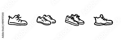Sneakers And Sports Shoes Line Icon Set In Doodle Style. Footwear Variety And Athletic Fashion Outline Sketch Collection. Casual And Sporty Shoe Designs. Hand Drawn Isolated Vector Illustration