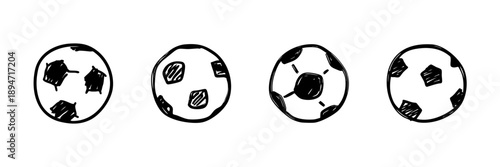 Soccer Ball Line Icon Set In Doodle Style. Sports Equipment And Football Game Symbols Outline Sketch Collection. Hand Drawn Isolated Vector Illustration