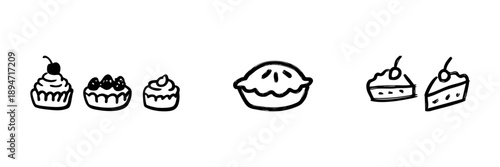 Cupcakes, Pie, And Cake Slices Line Icon Set In Doodle Style. Dessert Variety, Bakery Goods, And Sweet Treats Outline Sketch Collection. Hand Drawn Isolated Vector Illustration