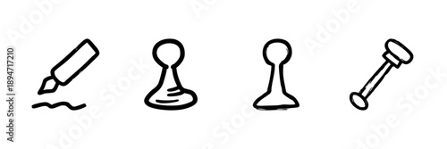 Marker, Chess Pawn, And Gavel Line Icon Set In Doodle Style. Creative Writing, Strategic Thinking, And Legal Decision-Making Outline Sketch Collection. Hand Drawn Isolated Vector Illustration