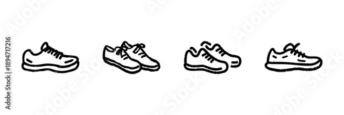Sneakers Line Icon Set In Doodle Style. Footwear, Sports, And Casual Wear Outline Sketch Collection. Hand Drawn Isolated Vector Illustration