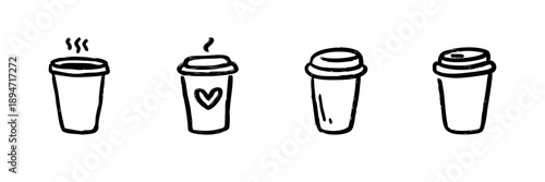 Coffee Cup Line Icon Set In Doodle Style. Beverage, Takeaway, And Cafe Culture Outline Sketch Collection. Hand Drawn Isolated Vector Illustration