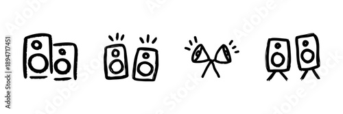 Speakers And Sound Equipment Line Icon Set In Doodle Style. Audio Systems, Music Playback, And Sound Amplification Outline Sketch Collection. Hand Drawn Isolated Vector Illustration