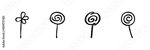 Lollipop And Flower Line Icon Set In Doodle Style. Sweet Treats And Nature Symbolism Outline Sketch Collection. Hand Drawn Isolated Vector Illustration