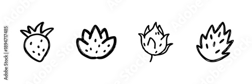 Strawberry And Dragon Fruit Line Icon Set In Doodle Style. Fruit Identification And Botanical Illustration Outline Sketch Collection. Hand Drawn Isolated Vector Illustration