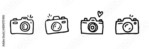 Camera Line Icon Set In Doodle Style. Photography, Creativity, And Visual Storytelling Outline Sketch Collection. Hand Drawn Isolated Vector Illustration