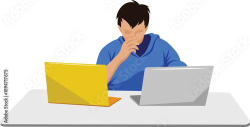 Stressed man working with two laptops at desk illustration