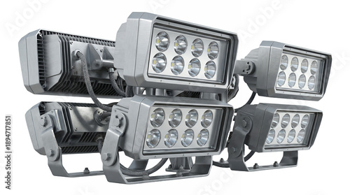 Industrial outdoor LED floodlight set in brushed aluminum and glass finish for architectural lighting