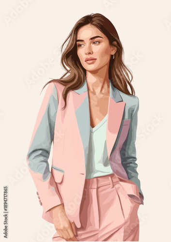 064-28-Digital art featuring a stylish young woman with long brunette hair and a pink blazer