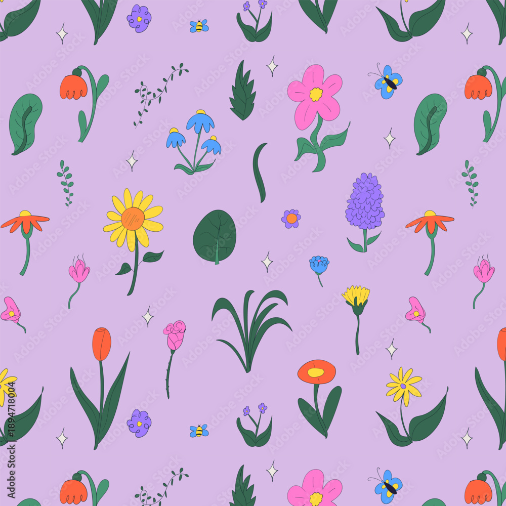 Fototapeta premium Colorful flowers seamless pattern. Spring hand drawn flowers. Flat vector pattern.