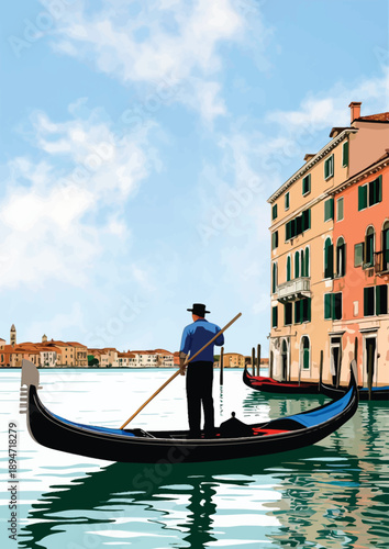 064-34-Gondolier propelling a gondola through a venice canal bordered by traditional italian buildings
