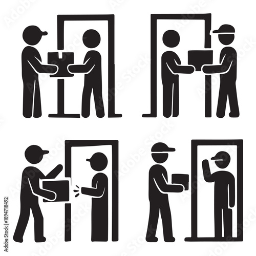 Delivery Person at Doorway – Black Vector Silhouette Icons