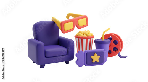 Set of cinema and movie theater entertainment icons in 3D cartoon style