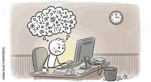 Frustrated stick figure working at a messy desk with a computer.