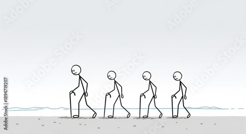 Four stick figures walking with canes in a line.