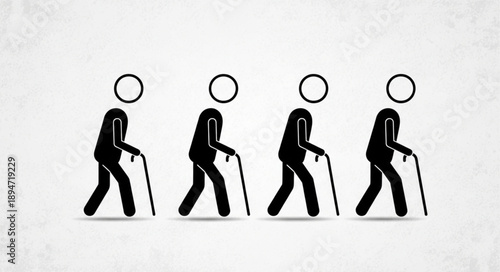 Four stick figures walking with canes representing aging process.