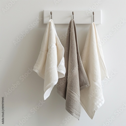 Kitchen towels hanging in a row on hooks against a plain wall in a simple and clean setting
