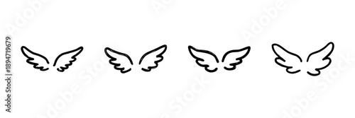 Angel Wings Line Icon Set In Doodle Style. Spirituality, Freedom, And Protection Symbol Outline Sketch Collection. Hand Drawn Isolated Vector Illustration