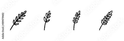Four Wheat Stalks Line Icon Set In Doodle Style. Agriculture, Harvest, And Farming Symbol Outline Sketch Collection. Rustic And Natural Theme. Hand Drawn Isolated Vector Illustration