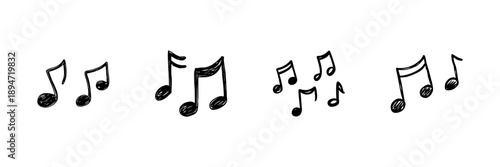 Musical Notes Line Icon Set In Doodle Style. Melody, Rhythm, And Sound Representation Outline Sketch Collection. Hand Drawn Isolated Vector Illustration