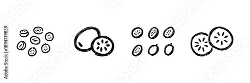 Sliced Fruit Line Icon Set In Doodle Style. Fresh Produce, Healthy Eating, And Culinary Ingredients Outline Sketch Collection. Hand Drawn Isolated Vector Illustration