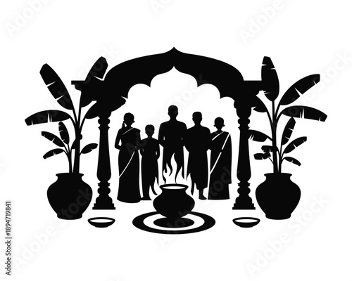 silhouette of people standing under an archway with plants