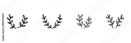 Laurel Wreath Line Icon Set In Doodle Style. Victory, Achievement, And Honor Symbol Outline Sketch Collection. Decorative Element For Awards And Celebrations. Hand Drawn Isolated Vector Illustration