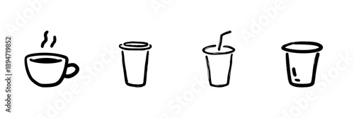 Coffee And Beverage Cups Line Icon Set In Doodle Style. Hot And Cold Drink Containers Outline Sketch Collection. Cafe, Takeaway, And Refreshment Symbols. Hand Drawn Isolated Vector Illustration