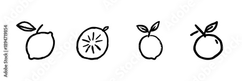 Lemon And Orange Line Icon Set In Doodle Style. Citrus Fruits, Vitamin C, And Freshness Outline Sketch Collection. Hand Drawn Isolated Vector Illustration