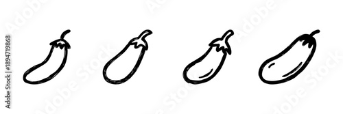 Eggplant Vegetable Line Icon Set In Doodle Style. Fresh Produce, Healthy Eating, And Vegetarian Diet Outline Sketch Collection. Hand Drawn Isolated Vector Illustration