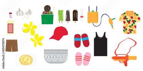 songkran festival in thailand. travel and summer icons set. flipflop, hat, ice cream, tank top, Golden Shower, water gun, silver bowl, Omelet rice and floral shirt.
