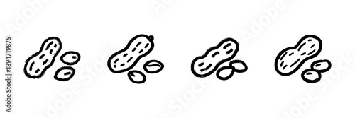 Peanut And Shell Line Icon Set In Doodle Style. Nutritious Snack, Protein Source, And Allergy Awareness Outline Sketch Collection. Hand Drawn Isolated Vector Illustration
