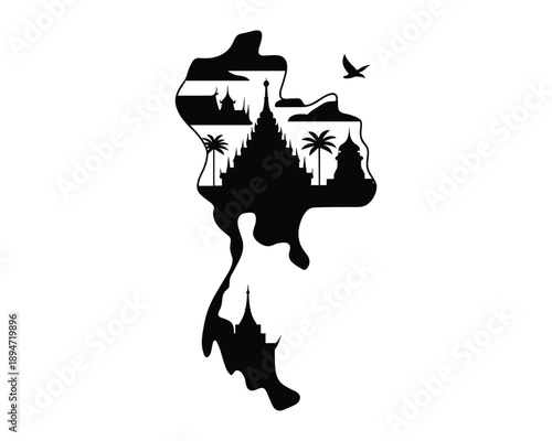 Thailand map with temples and palm trees inside