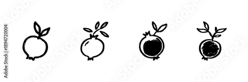 Pomegranate Line Icon Set In Doodle Style. Fruit Growth Stages And Natural Health Benefits Outline Sketch Collection. Hand Drawn Isolated Vector Illustration