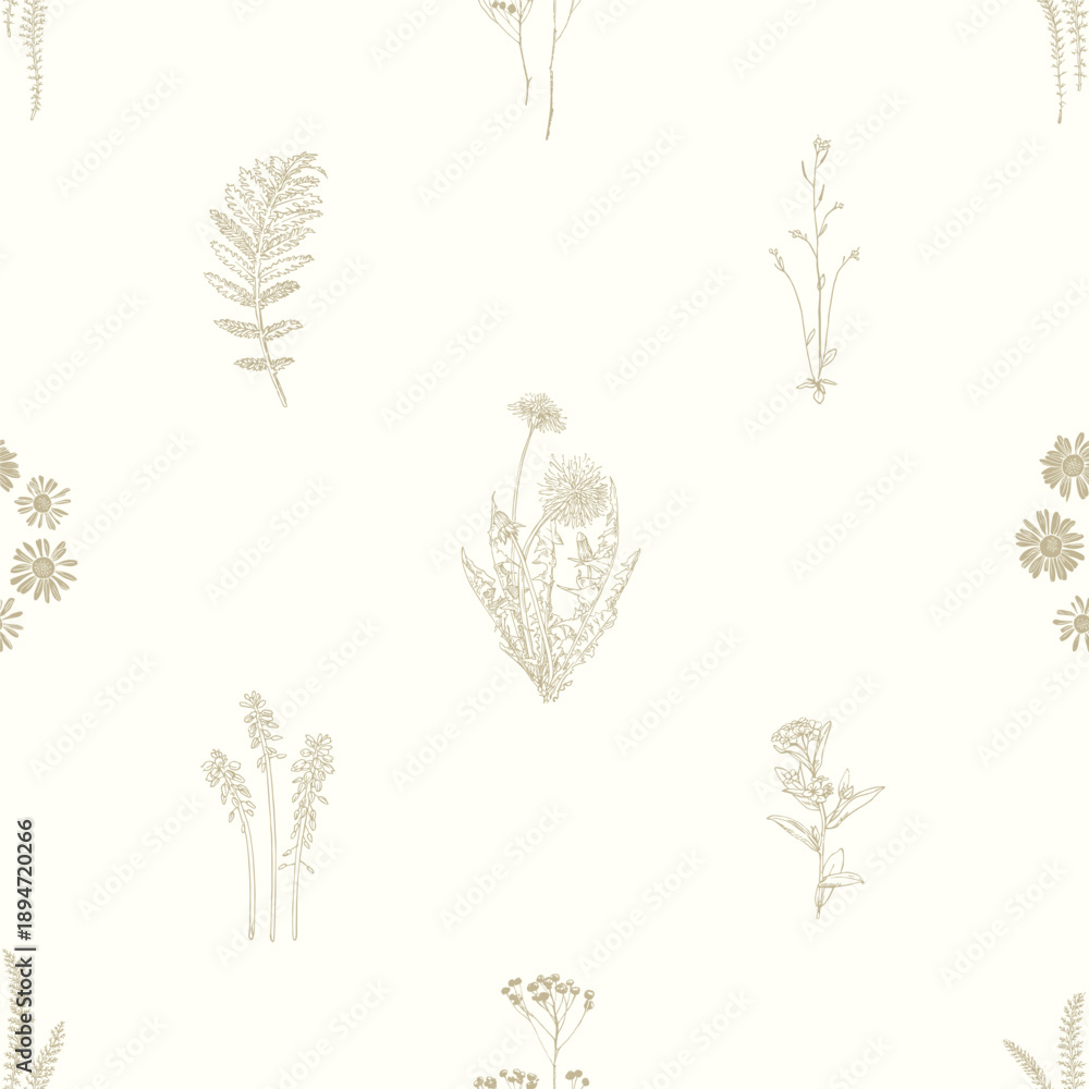 Obraz premium Hand drawn outline flowers and blades of grass. Toile design in beige tones.