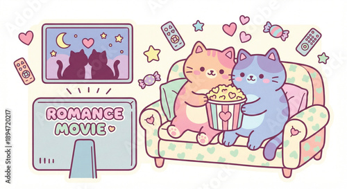 kawaii vector illustration two cats watching movie