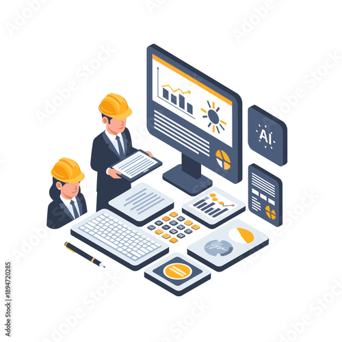 Two business professionals analyzing data on computer with AI technology.