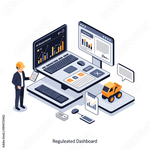 Isometric illustration of a regulated dashboard with various digital devices and a man in a suit.
