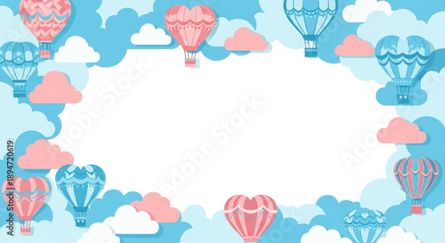 Heart hot air balloons clouds border