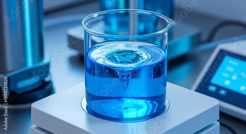 Glass beaker containing bright blue liquid actively mixing on a magnetic stirrer in a laboratory setting