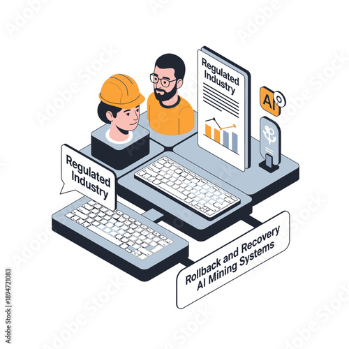 Isometric illustration of two people working on computers related to the recycling industry.