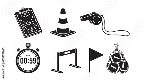 Soccer Coaching and Training Equipment Icons Set Black Silhouette Sports Elements