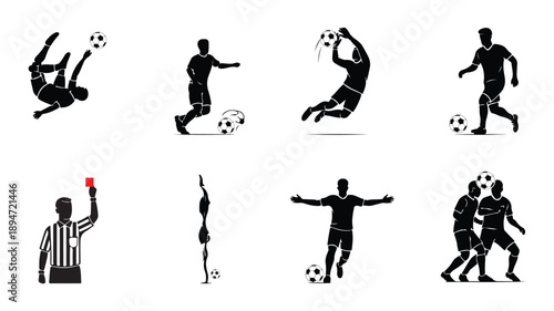 Soccer Action Silhouettes Set with Referee Showing Red Card and Professional Football Poses