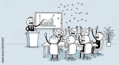 Happy business team celebrating success during a presentation meeting.