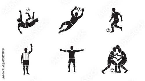 Professional Soccer Action Silhouettes Set with Referee and Competitive Match Poses