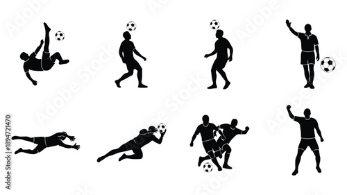 Soccer Player Actions and Referee Signals Silhouette Set Professional Football Poses