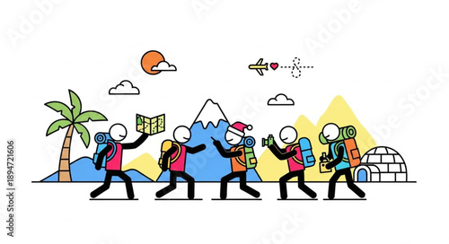 Group of cartoon hikers with backpacks on a mountain adventure.