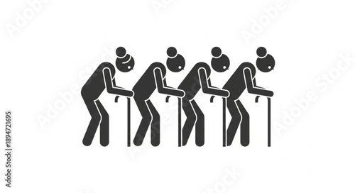 Group of elderly women walking with canes in a line.