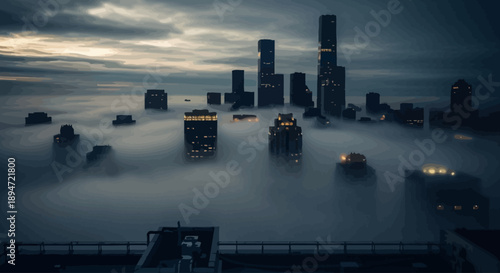 Flooded city and climate risk concept representing environmental disaster, climate change impact, urban flooding, rising water levels, global warming effects, city infrastructure risk, environmental c